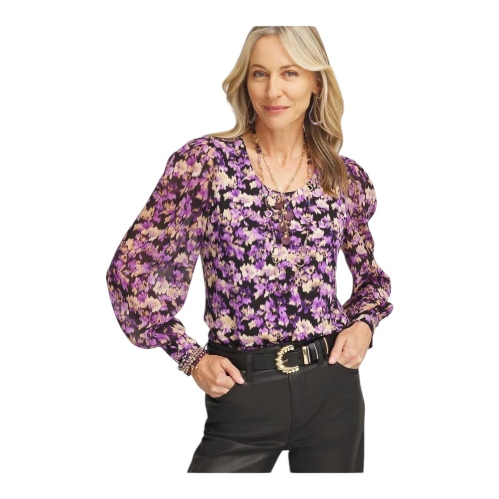 Chicos Purple Floral Print Puff Organza Sleeve Blouse Top Women Size 0 SMall